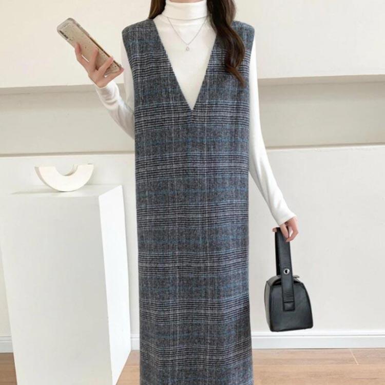 ワンピース 冬 レディース Iライン 春 チェック柄 秋 レイヤード風