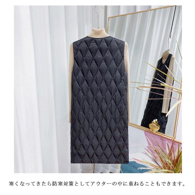 OUR ロング丈のキルティングベスト 防寒 ロング丈 中綿 防風 レディース キルティング Vネック ベスト