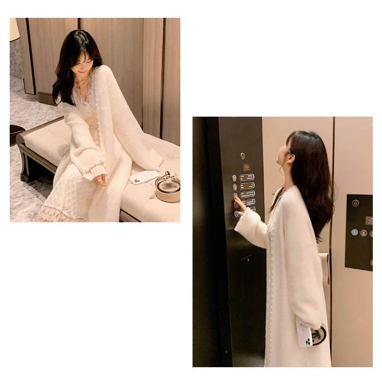 ロングカーディガン シャギー ニット 厚手 レディース パールボタン