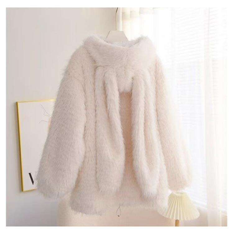 ウサギ耳フード付きオーバーサイズファーコート atak_pdd9325