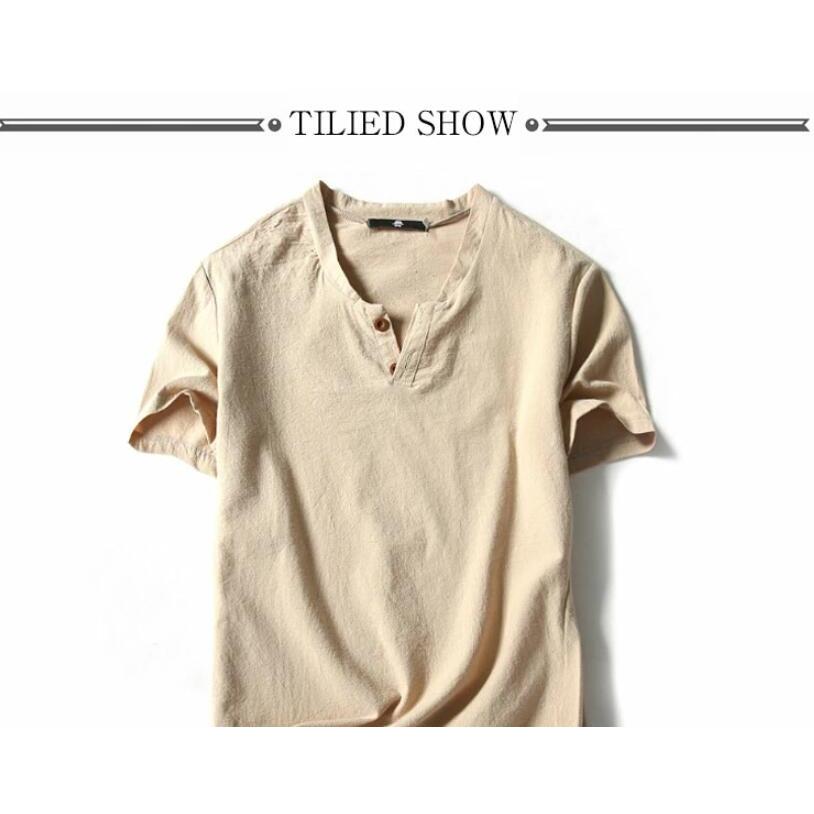 綿麻 tシャツ メンズ ヘンリーネックtシャツ 半袖 vネック コットン 無地 大きいサイズ シンプル おしゃれ 白tシャツ ヘンリーネック 夏 リネ |  | 08
