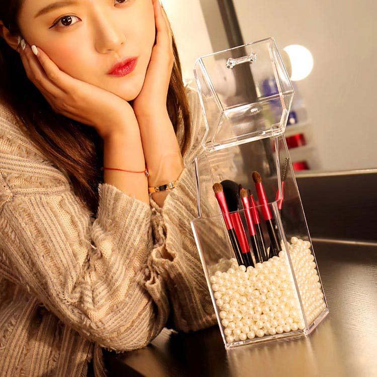 メイクブラシ収納ボックス 化粧ブラシ収納バケツ 防塵 ふた付き パール