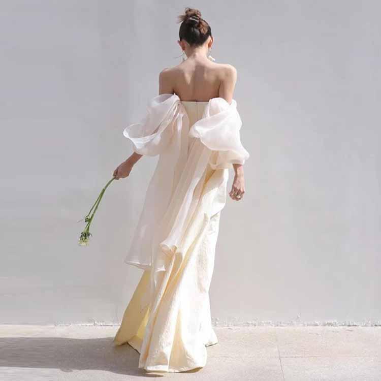 二次会ドレス オフショルダー 花嫁ドレス ウェディング 白 マーメイド 結婚式 ウェディングドレス 袖シフォン 春 かわいい 袖あり ファスナー 前撮り フォトウェディング 後撮り ウェディングドレス 夏 秋 冬 エレガント ウェディングドレス マーメイド オフショルダー 白 花嫁ドレス 結婚式