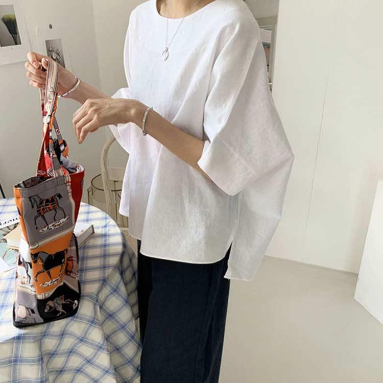 綿麻 ブラウス レディース 半袖 Tシャツ クールネック 春 夏 コットン