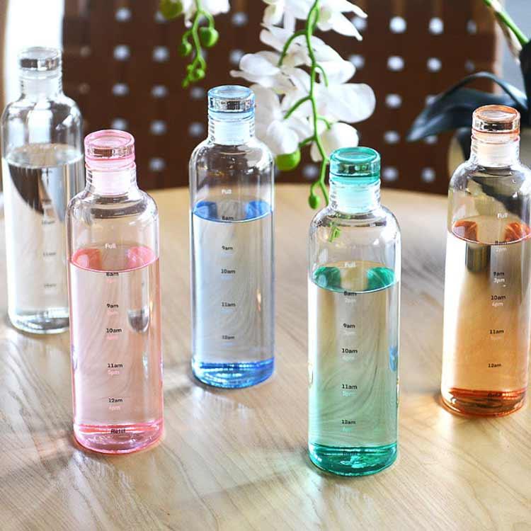 ウォーター ボトル ガラス製 500ML 水筒 透明 目盛り付き ガラスボトル