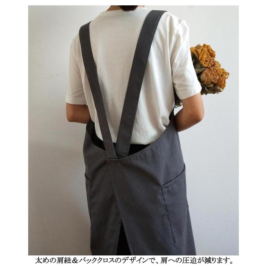 大人 かぶるだけ ゆったり 綿麻 エプロン ワンピース 黒 バッククロス