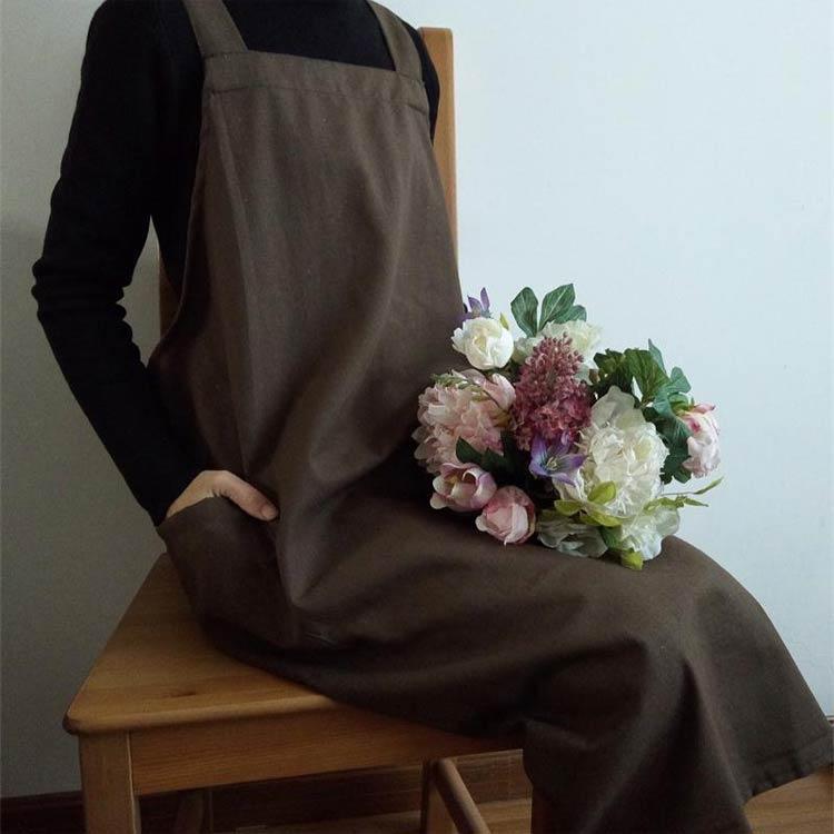 大人 かぶるだけ ゆったり 綿麻 エプロン ワンピース 黒 バッククロス