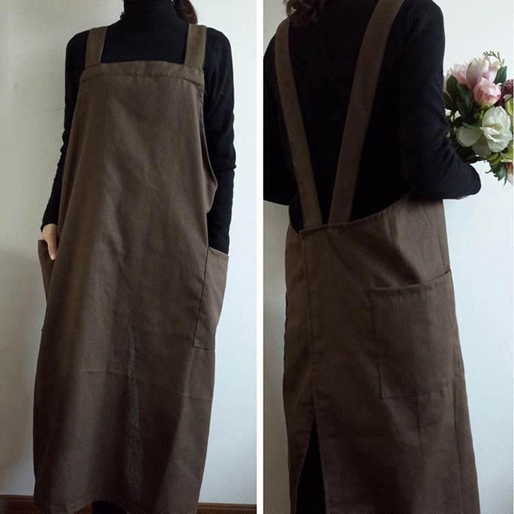 大人 かぶるだけ ゆったり 綿麻 エプロン ワンピース 黒 バッククロス