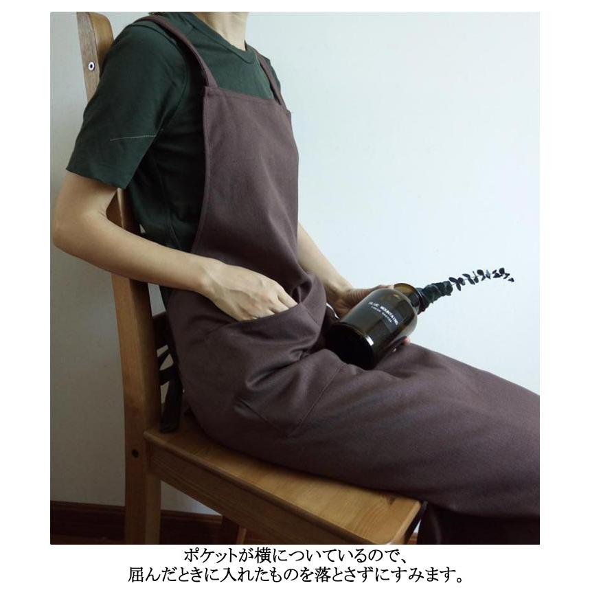 大人 かぶるだけ ゆったり 綿麻 エプロン ワンピース 黒 バッククロス