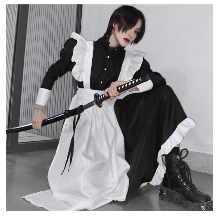 送料無料 メイド服 ロング丈 長袖 ワンピースタイプ エプロン