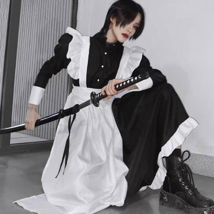 送料無料 メイド服 ロング丈 長袖 ワンピースタイプ エプロン