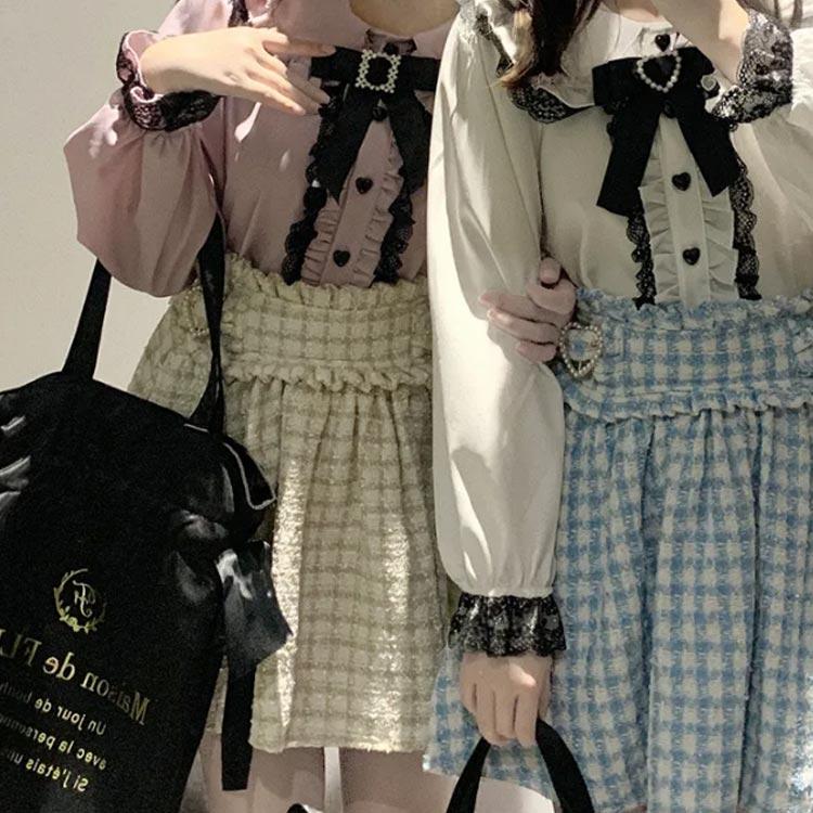 ハートビジューリボン レースブラウス レディース トップス