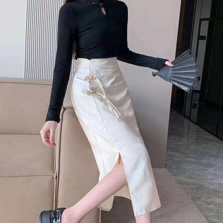 タイトスカート チャイナ風 スカート ミモレ丈 ミドル丈 膝下 サイド