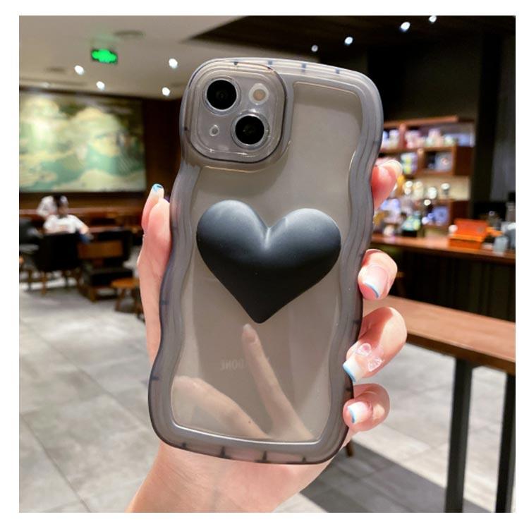 スマホケース iphone15 なみなみケース シリコン うねうね ハート柄 黒