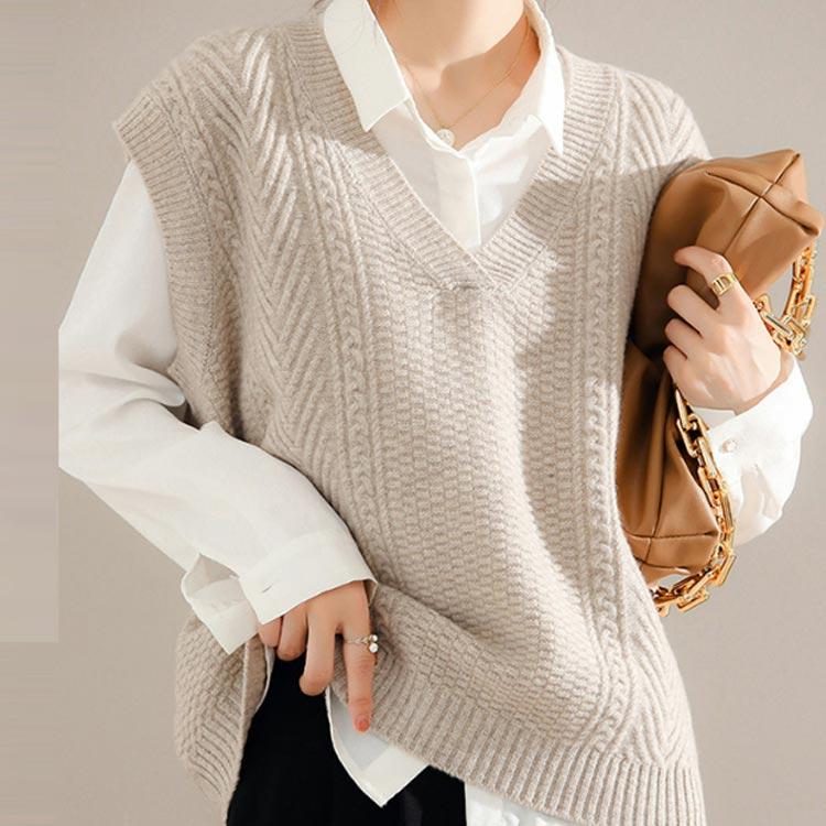 ニットベスト ケーブル編み ベスト Vネック ノースリーブ ニット