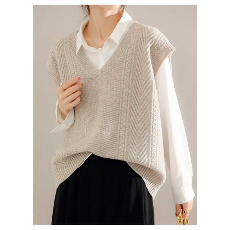 ニットベスト ケーブル編み ベスト Vネック ノースリーブ ニット