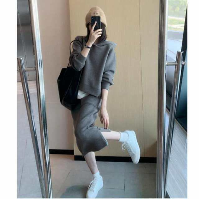 セットアップ スカート 上下セット フードパーカー 秋 冬 長袖 タイト