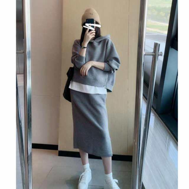 セットアップ スカート 上下セット フードパーカー 秋 冬 長袖 タイト