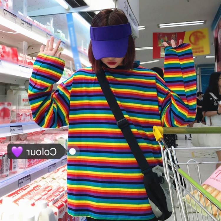 送料無料 カットソー 長袖 Tシャツ ロンT レインボー マルチボーダー柄