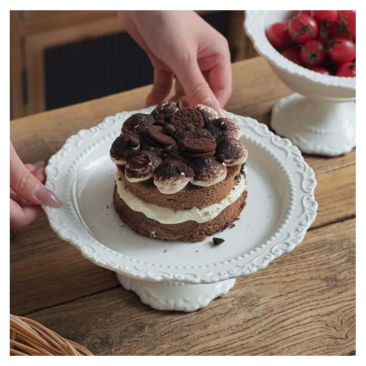 陶器 ケーキスタンド 1段 白 ホワイト 花リム アンティーク ケーキ