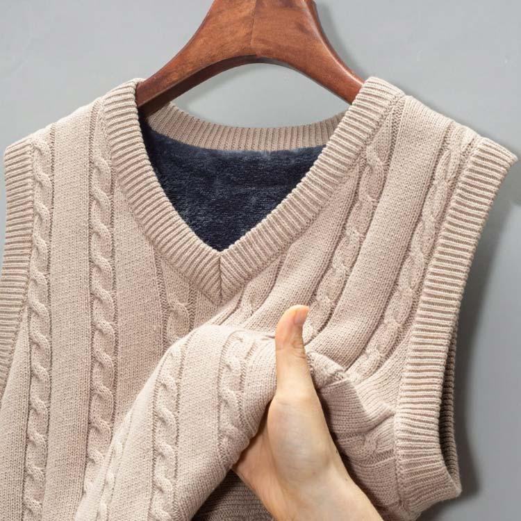 ベスト 秋 冬 裏起毛 厚手 ニットベスト Vネック ケーブル編み メンズ