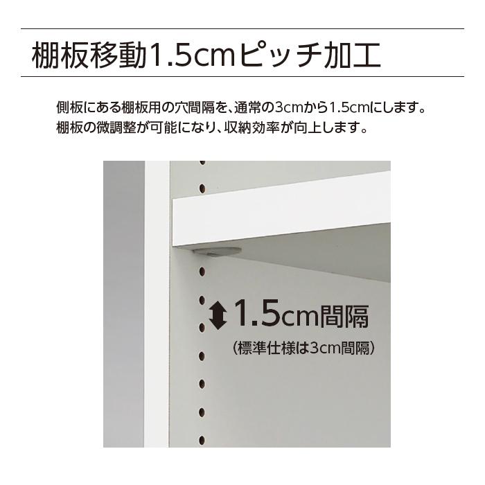 本棚 2段扉付 鍵付 横幅オーダー 棚板1.5cmピッチ 幅木よけ加工 受注