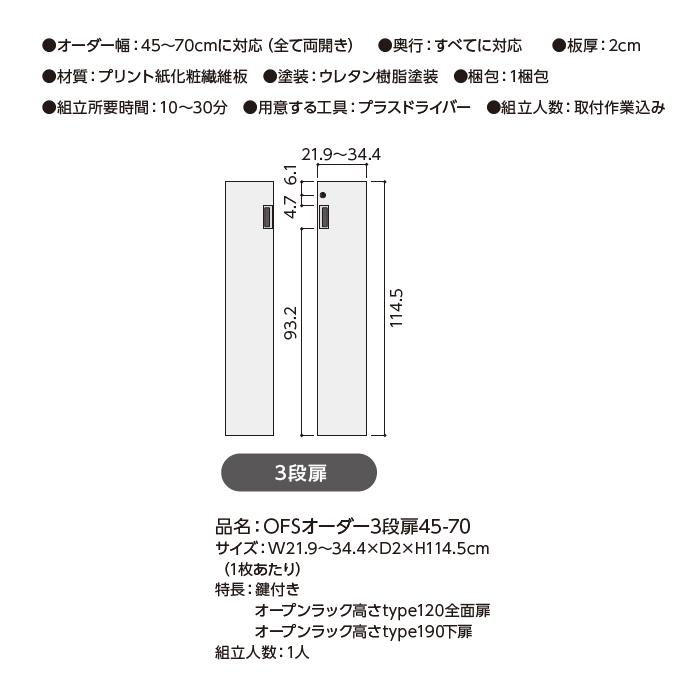 本棚 3段扉付 扉付 鍵付 横幅オーダー 棚板1.5cmピッチ加工 受注生産