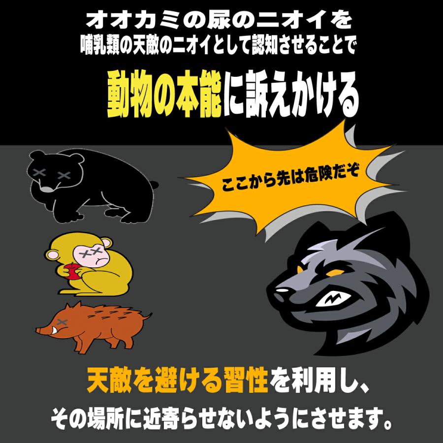 動物除け ウルフピー オオカミの尿 狼尿 狼 動物撃退 害獣撃退 害獣対策 マーキング対策  猫対策 イノシシ対策 猪 猿 鼠 犬 狐 狸 熊 対策｜atcare｜06