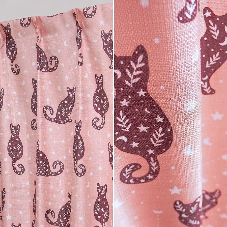 オーダーカーテン かわいい キャットモチーフ柄 巾151-200/丈201-270 厚地カーテン 1枚入り ピンク 猫柄 月柄 キャットムーン｜atcurtain｜02