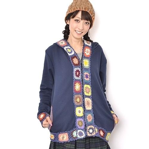 ストレッチ クロシェ デザイン パーカー フード付き コート〈コン