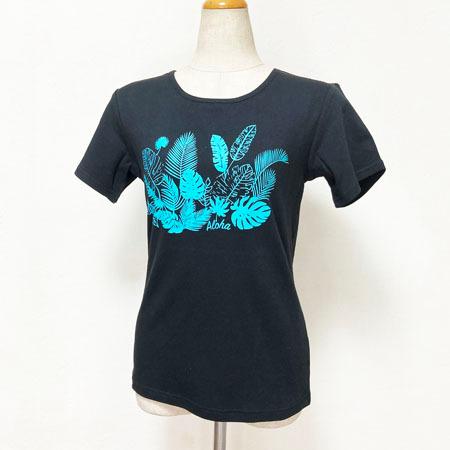 フラ 半袖 Tシャツ リーフ 柄 プリント 〈 ブラック ホワイト