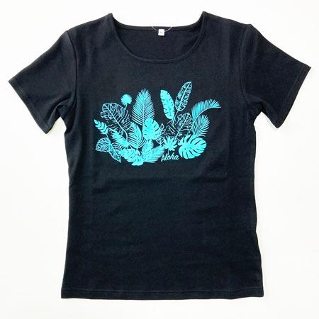 フラ 半袖 Ｔシャツ リーフ 柄 プリント 〈 ブラック ホワイト チェリーピンク 〉 送料無料 ハワイアン フラダンス 衣装 トップス 綿 モンステラ シダ 葉っぱ |  | 02