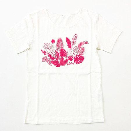 フラ 半袖 Ｔシャツ リーフ 柄 プリント 〈 ブラック ホワイト チェリーピンク 〉 送料無料 ハワイアン フラダンス 衣装 トップス 綿 モンステラ シダ 葉っぱ |  | 03