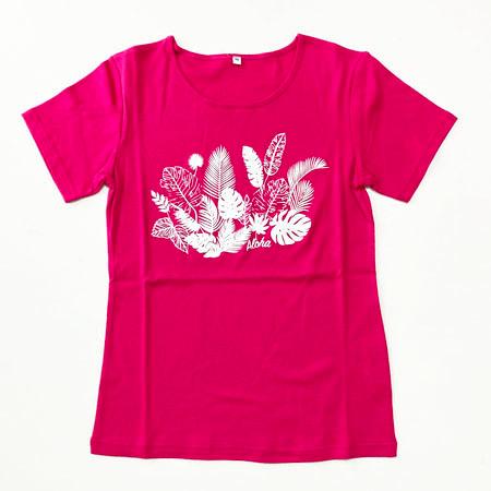 フラ 半袖 Ｔシャツ リーフ 柄 プリント 〈 ブラック ホワイト チェリーピンク 〉 送料無料 ハワイアン フラダンス 衣装 トップス 綿 モンステラ シダ 葉っぱ |  | 04