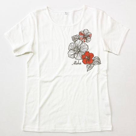プリーツプリーズ ハイビスカス フリンジ 花柄 半袖 カットソー Tシャツ ハイビスカス ブリーズ Tシャツ 半袖 ［ピンク］ | Tシャツ