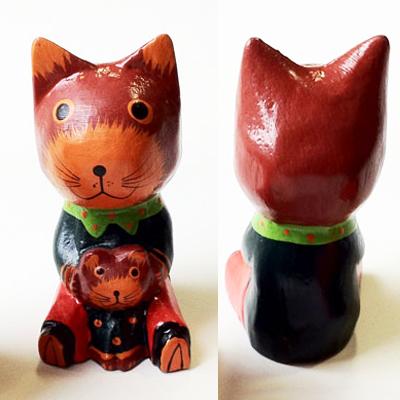 アニマル 親子のオブジェ〈 茶猫 黒猫 カエル 〉置物 ブラウン 木彫り