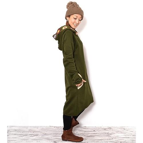 厚手生地 クロシェ フード付き パーカー ワンピース〈コン/モカチャ〉 エスニック 送料無料 綿 100％ ネパール製 ラグランスリーブ 妊婦服 マタニティー |  | 01