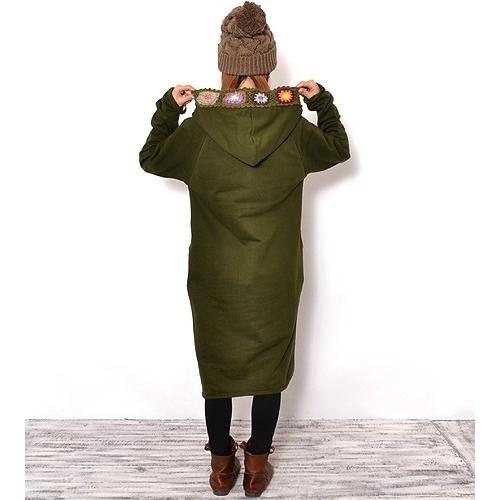 厚手生地 クロシェ フード付き パーカー ワンピース〈コン/モカチャ〉 エスニック 送料無料 綿 100％ ネパール製 ラグランスリーブ 妊婦服 マタニティー |  | 02