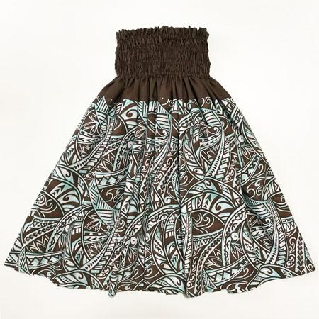 パウスカート ウエスト無地 67cm サンド ブラスティング タパ柄〈ブラウン＆ターコイズ〉日本製 送料無料 ハワイアン フラダンス 古典柄 幾何学模様 グリーン 茶 | 