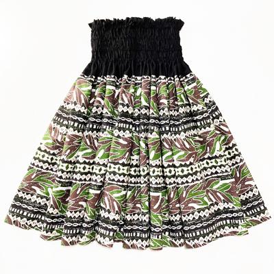 パウスカート ウエスト無地 タパ柄 リーフレイ ボーダー 黒＆ブラウン＆ベージュ 送料無料 ハワイアン フラダンス カーキグリーン シダ ラウアエファーン 日本製 | 