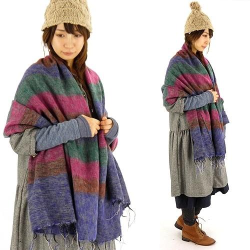 大判 カラフル ボーダー ストール〈 パープル / グリーン ブルー