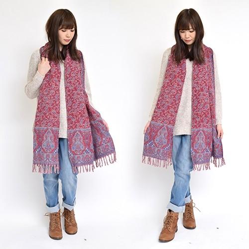 ペイズリー ストール〈レッド/サーモンピンク/オレンジ〉ペーズリー柄