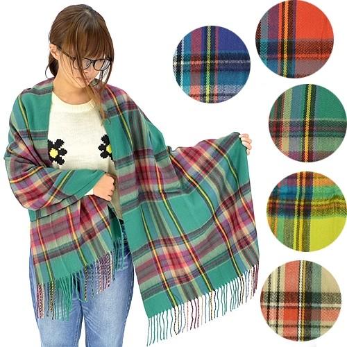 チェック柄 フリンジ付き 大判ストール グリーン アクリル 100
