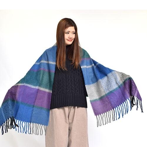 モヘアのような アクリル ストール チェック柄〈クロ/キイロ/ロイヤルブルー〉エスニック 大判 ストール アクリル 100％  送料無料 起毛 ショール マフラー |  | 01
