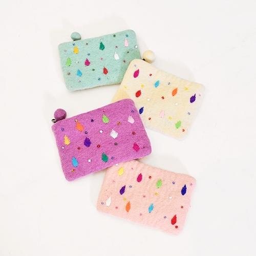 しずく ビーズ 刺繍 フエルト ポーチ〈パープル/ベージュ/薄ピンク