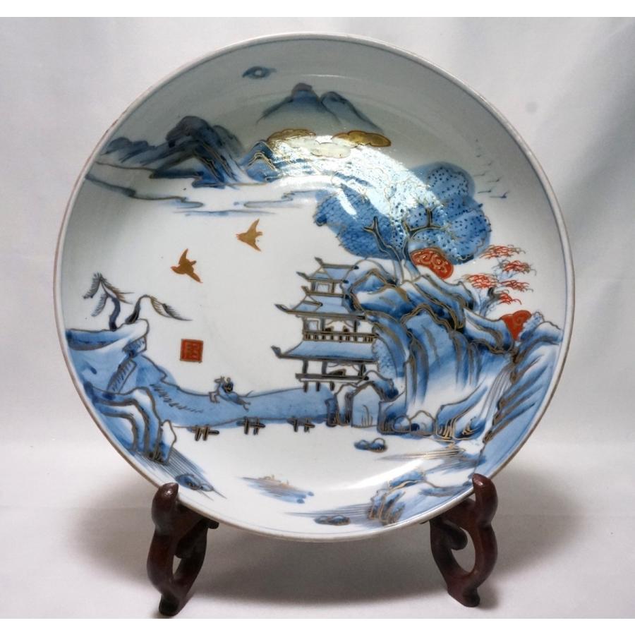 【伊万里・中皿】 時代物 印判 染付 金彩 月弓 風景画　28cm【幕末】｜atelier-erica