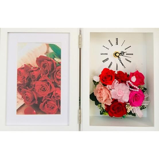 プリザーブドフラワー （当店オリジナル）フラワーフォトフレーム時計・レッド１ 退職祝い 母の日 父の日 結婚祝い 新築祝い 還暦祝い 長寿祝