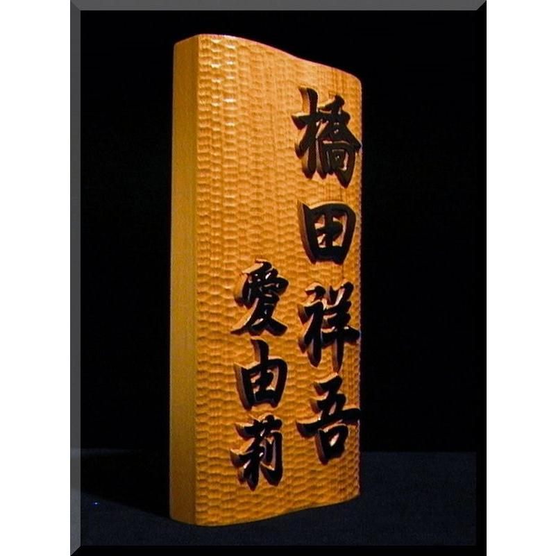 表札（木） BKs-2gy 名字＋名前 ご夫婦（波状台座） 白木文字部墨載せ