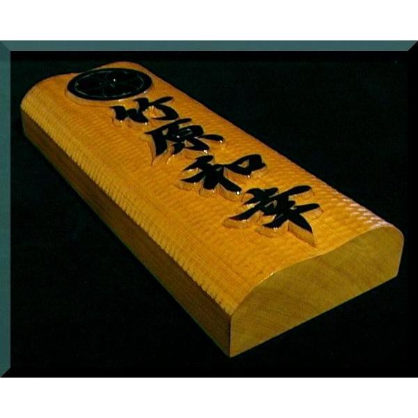 専門店アトリエアウル 手作り表札 Diy 工具 Cky 1gy T 手彫り表札 住宅設備 家紋入り表札 木 Cky 1gy T 家紋 フルネーム 波状台座極厚仕様 焼仕上げ 純手彫り表札 銘木ひがつら材