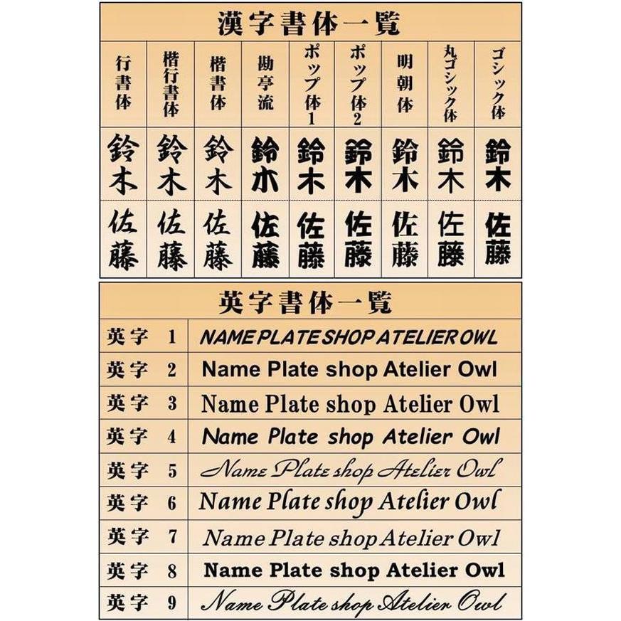 表札（木）　FSb-4gy-F　ご家族４人用（木株）フクロウ　純手彫り表札　銘木シナ材　注文製作品（所要日数約２週間）｜atelier-owl｜08